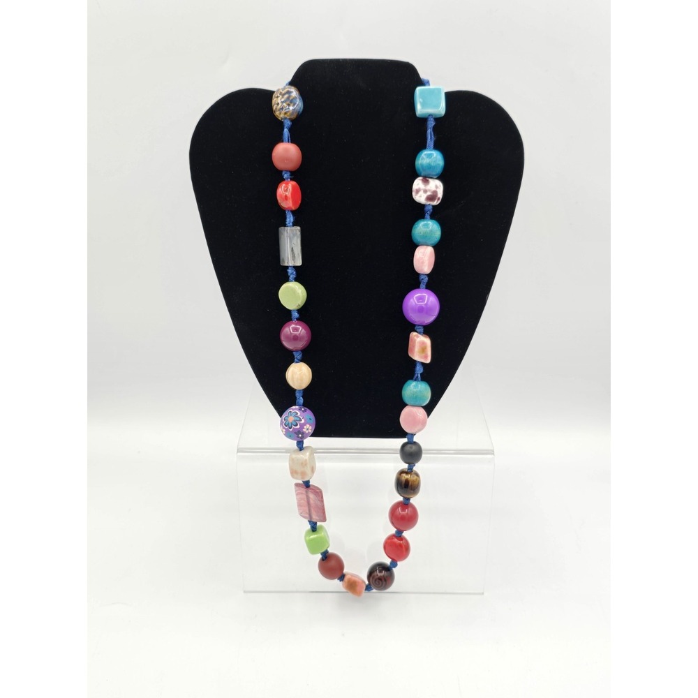 VINTAGE Chunky Multicolored 27-Beaded Adjustable Necklace Strung On Blue Ribbon - Picture 2 of 10